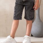 شورت جينز كارجو أولادي رمادي – ملابس أطفال صيفية محير