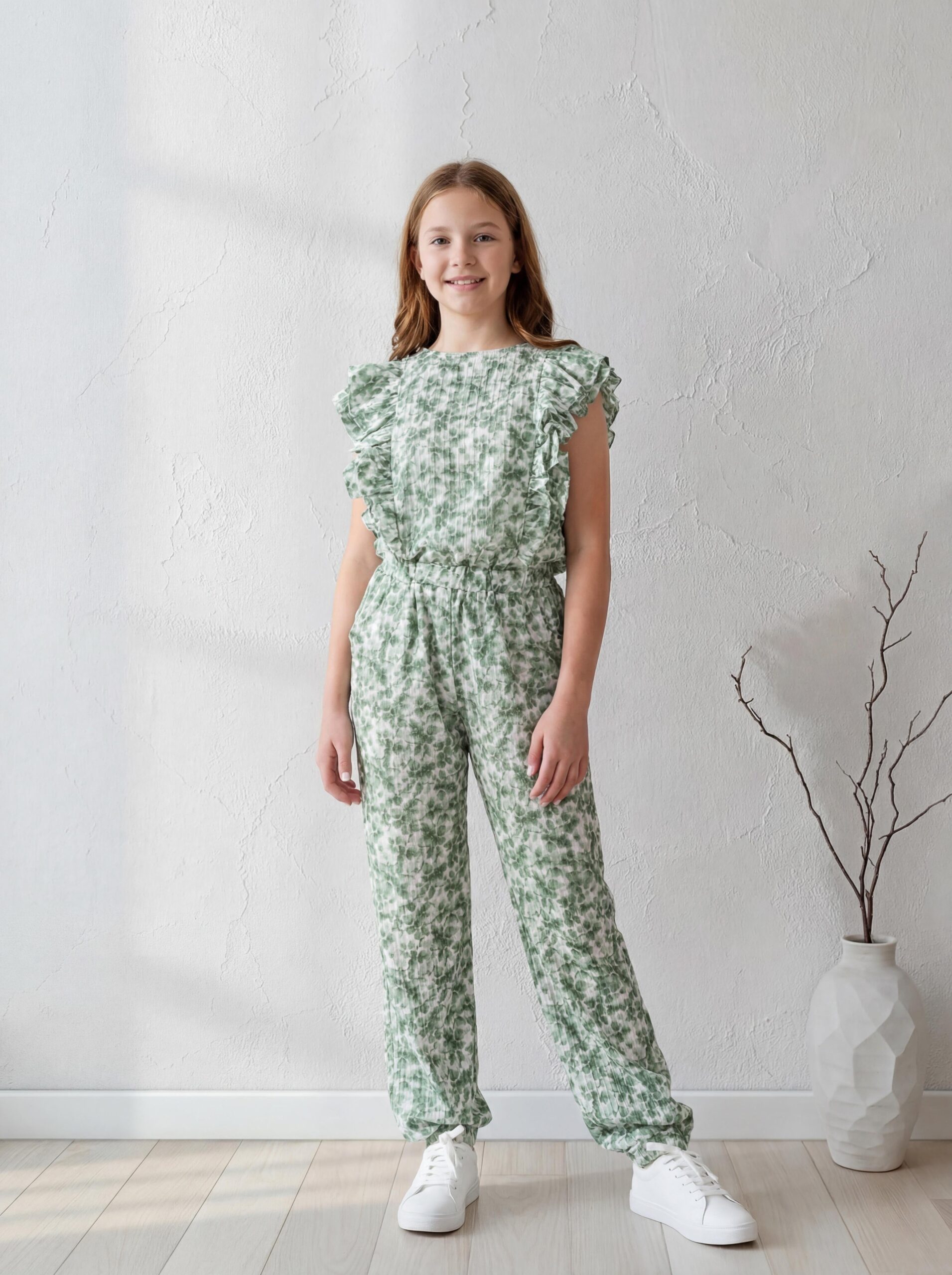 جامبسوت بناتي مشجر أخضر بكرانيش – ملابس أطفال صيفي راقية