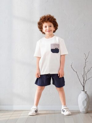 سوت أولادي صيفي أبيض وكحلي – ملابس أطفال خروج أنيقة