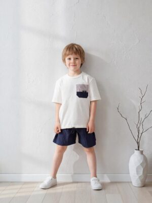 سوت أولادي صيفي أبيض وكحلي – ملابس أطفال خروج أنيقة