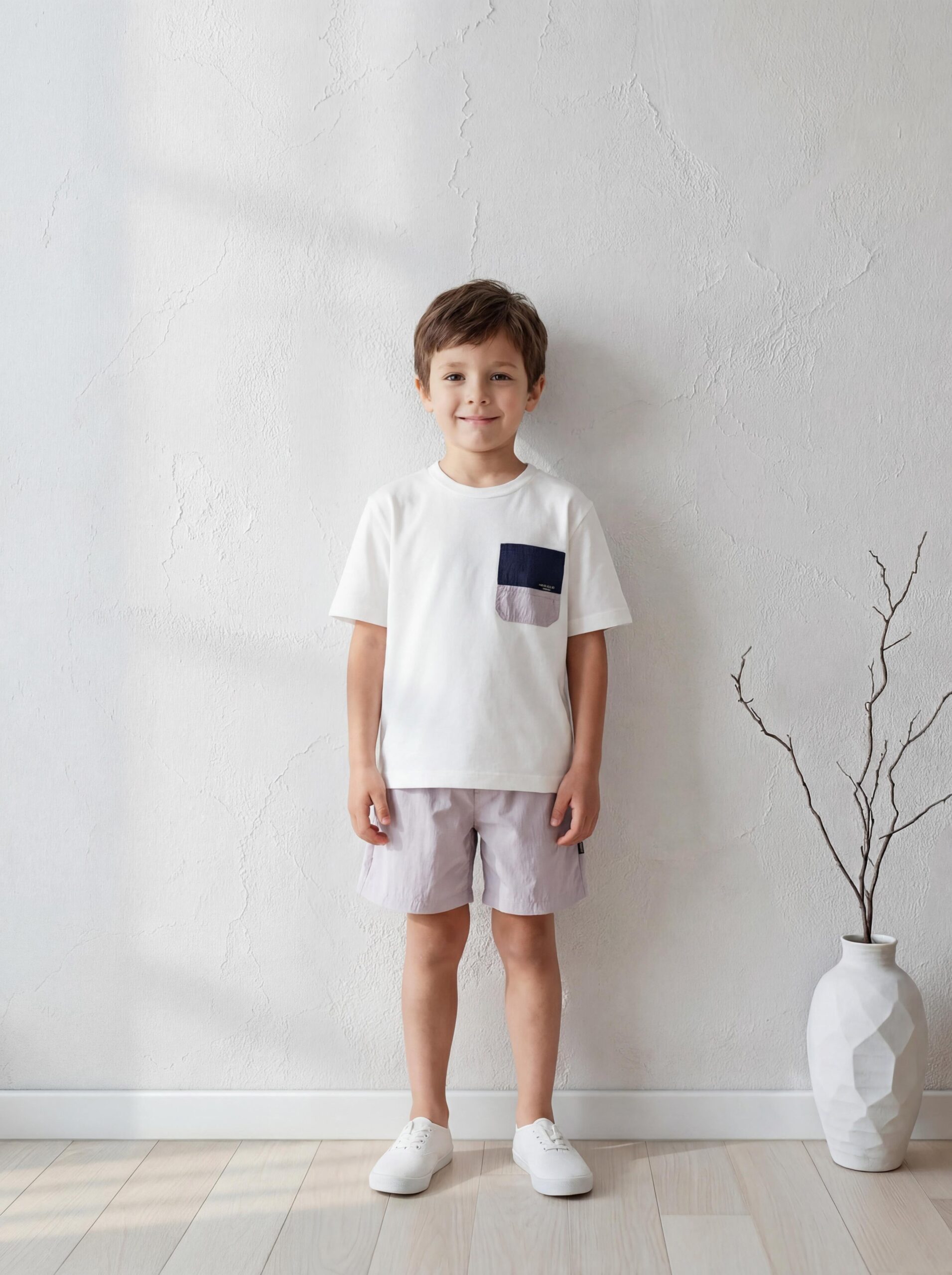 طقم أولادي صيفي قطعتين تيشيرت أبيض وشورت موف – ملابس أطفال كاجوال