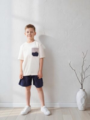 سوت أولادي صيفي قطعتين تيشيرت أبيض وشورت كحلي – ملابس أطفال كاجوال