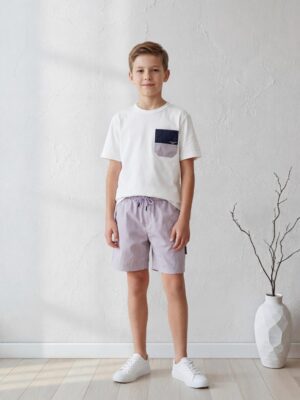 سوت أولادي صيفي قطعتين تيشيرت أبيض وشورت لافندر – ملابس أطفال كاجوال