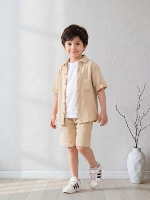 طقم موسلين قطن أولادي بيج – ملابس أطفال صيفي أنيق