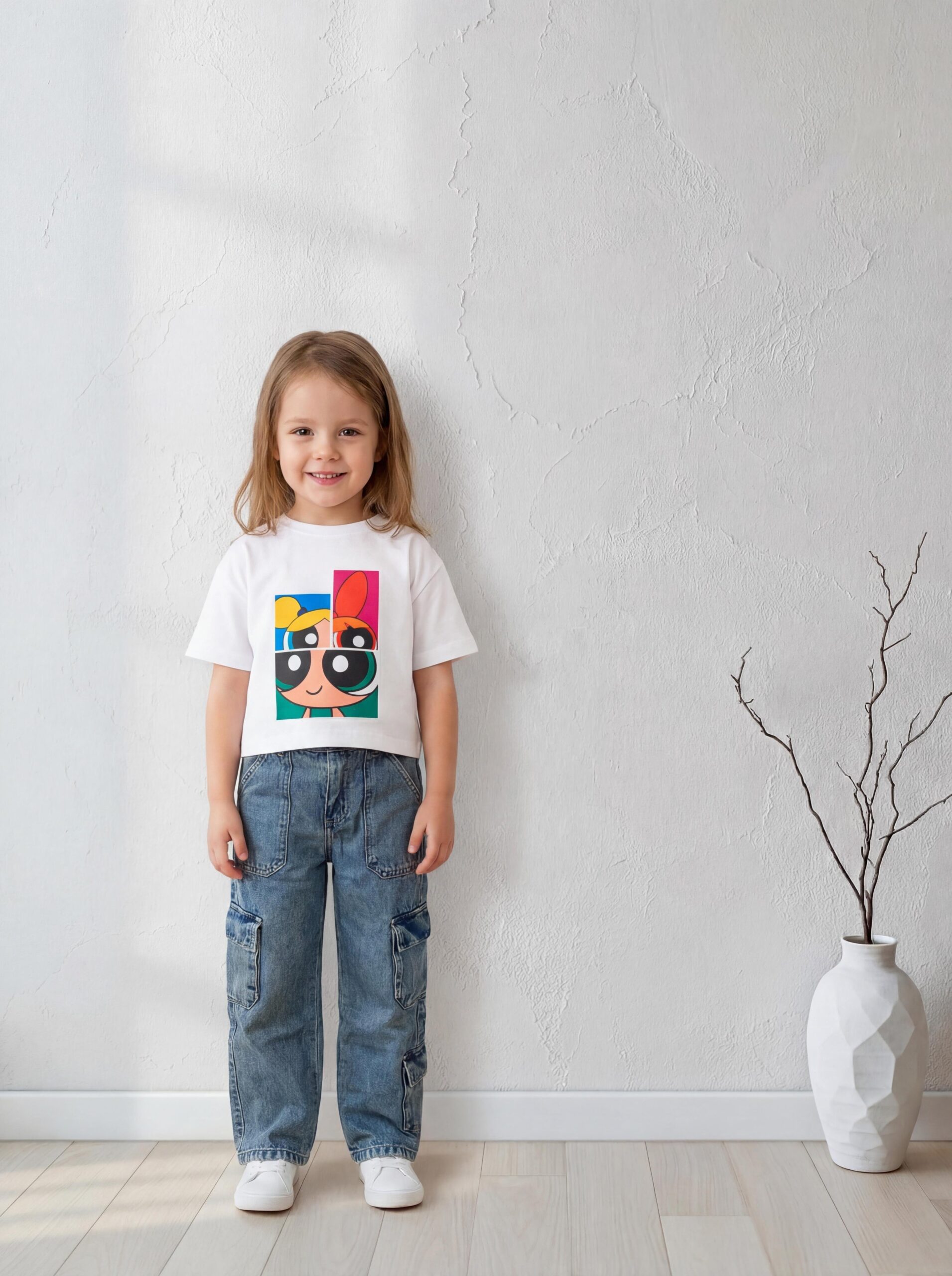 تيشيرت بناتي أبيض قطن بطبعة فتيات القوة – ملابس أطفال صيفي كاجوال