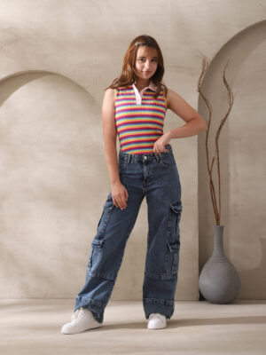 تيشيرت بناتي ملون مخطط بدون أكمام – ملابس أطفال صيفي راقية