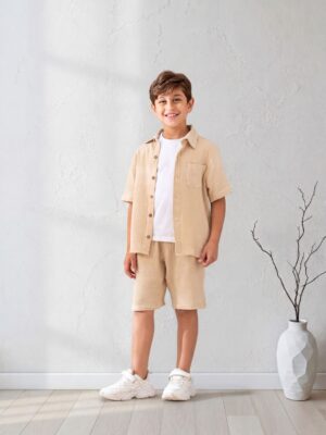 طقم أولادي صيفي قطعتين بيج – ملابس أطفال خروج قطن