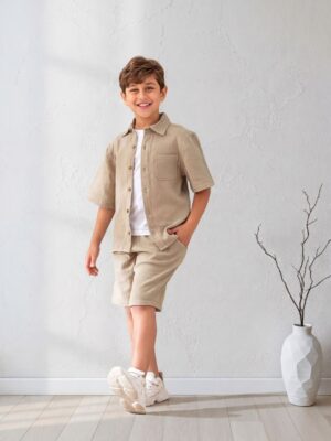 سوت أولادي صيفي قطعتين بيج – ملابس أطفال خروج راقية