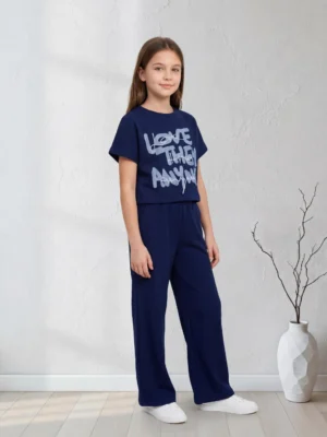 طقم بناتي كحلي قطعتين – ملابس أطفال بنات خروج صيفي