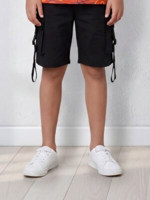 شورت كارجو أسود أولادي كبير بأشرطة – ملابس أطفال صيفية ماركة A&A