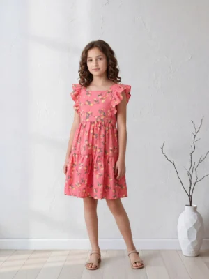 فستان بناتي وردي مشجر بكرانيش وفيونكة – ملابس أطفال صيفية