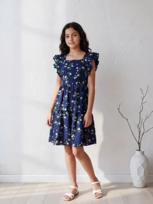 فستان بناتي كحلي مشجر بكرانيش وفيونكة لبني – ملابس أطفال صيفية