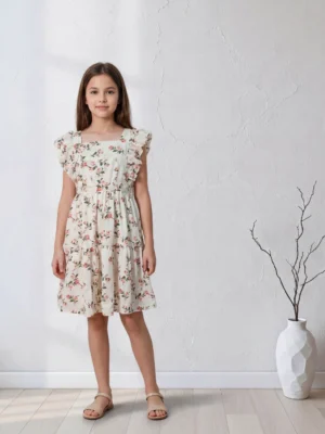 فستان بناتي أوف وايت مشجر بفيونكة وردية – ملابس أطفال صيفية