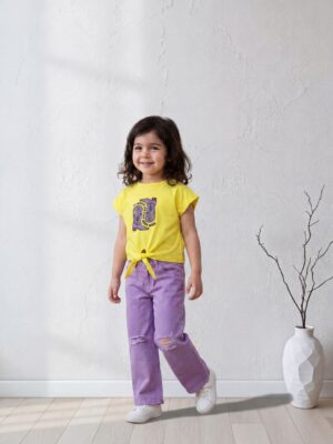 تيشيرت بناتي أصفر بعقدة – ملابس أطفال صيفي بنات