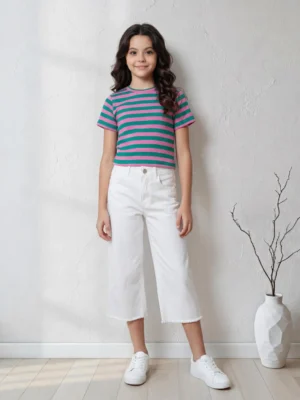 تيشيرت بناتي مخطط وردي وأخضر – ملابس أطفال صيفية