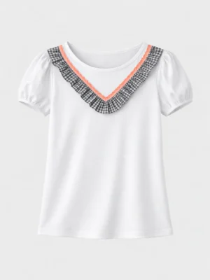 بلوزة بناتي أبيض بأكمام منفوخة وكاروهات – ملابس أطفال صيفي أنيق