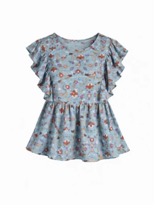 بلوزة بناتي صيفي أزرق مشجر بكشكشة – ملابس أطفال بنات خروج