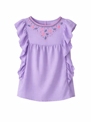 بلوزة بناتي صيفي أرجواني بتطريز وكشكشة – ملابس أطفال بنات خروج صيفي