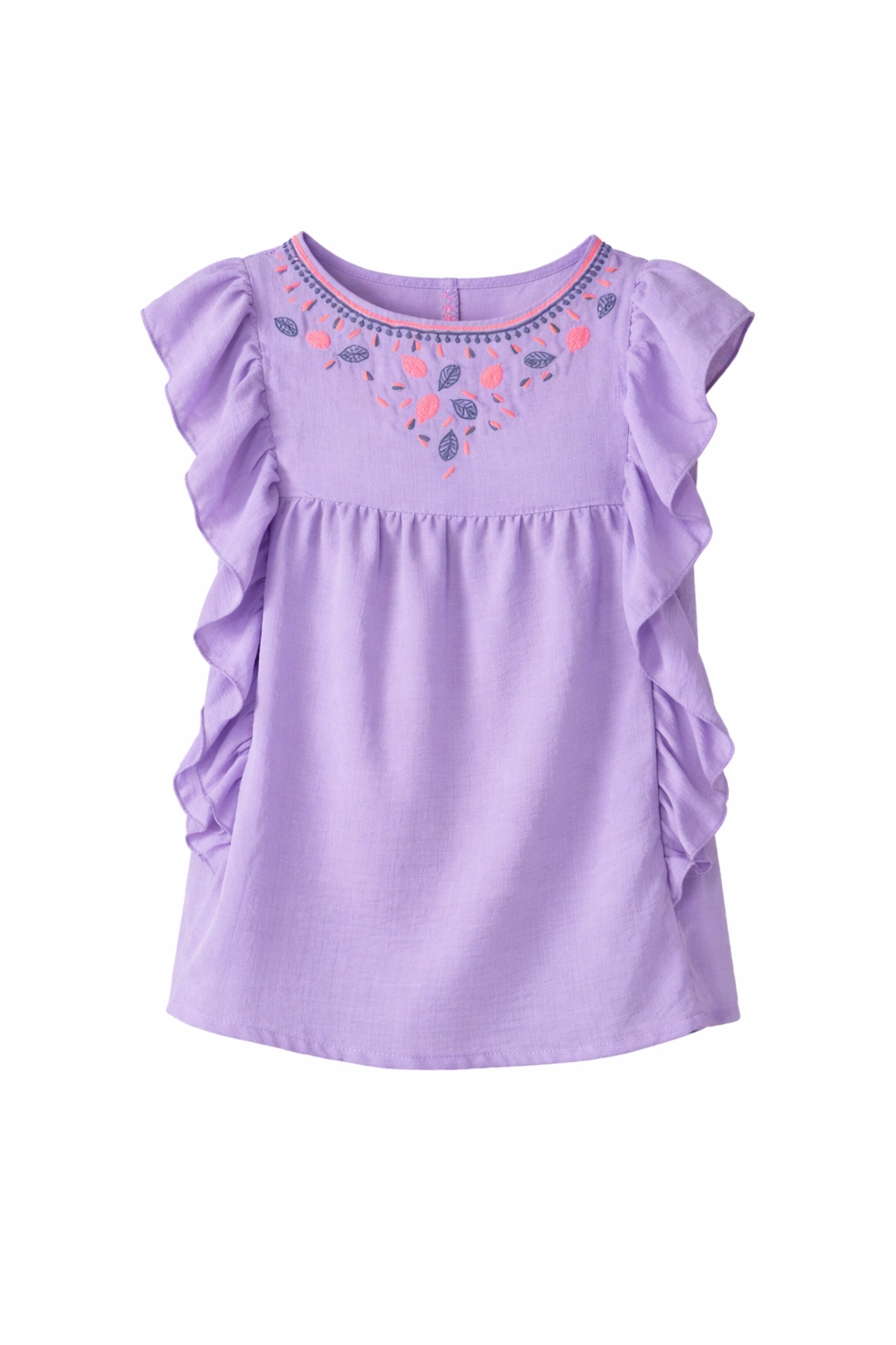 بلوزة بناتي صيفي أرجواني بتطريز وكشكشة – ملابس أطفال بنات خروج صيفي