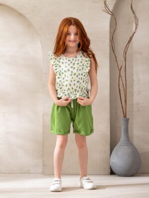 طقم صيفي بناتي أخضر بكرانيش – ملابس أطفال بنات خروج