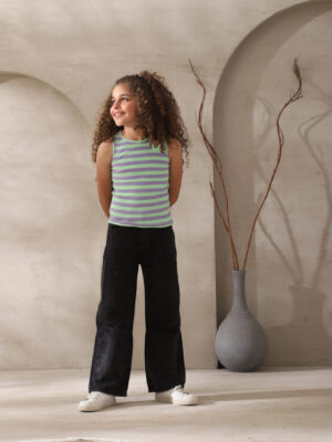 تيشيرت بناتي صيفي مخطط أخضر وبنفسجي – ملابس أطفال صيفية أنيقة