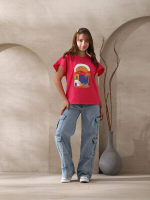 تيشيرت بناتي فوشيا مطبوع – ملابس أطفال بنات صيفية راقية