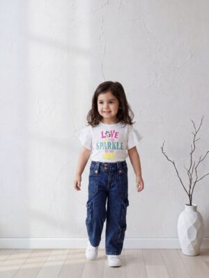 تيشيرت بناتي أبيض صيفي أكمام واسعة – ملابس أطفال راقية