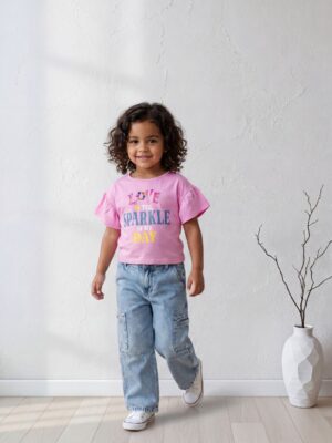 تيشيرت بناتي بينك قطن أكمام كلوش – ملابس أطفال صيفية