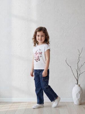 تيشيرت بناتي أبيض مطبوع فراشات – ملابس أطفال صيفية قطن