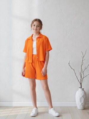 سوت بناتي برتقالي قطعتين – ملابس أطفال صيفية كاجوال