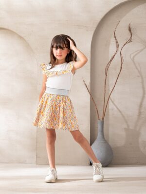 سوت بناتي قطعتين توب وجيبة مشجرة – ملابس أطفال صيفي راقية