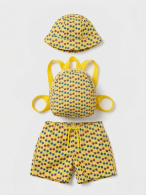 طقم مايوه أولادي 3 قطع أصفر بنقشة نظارات – ملابس أطفال صيفي