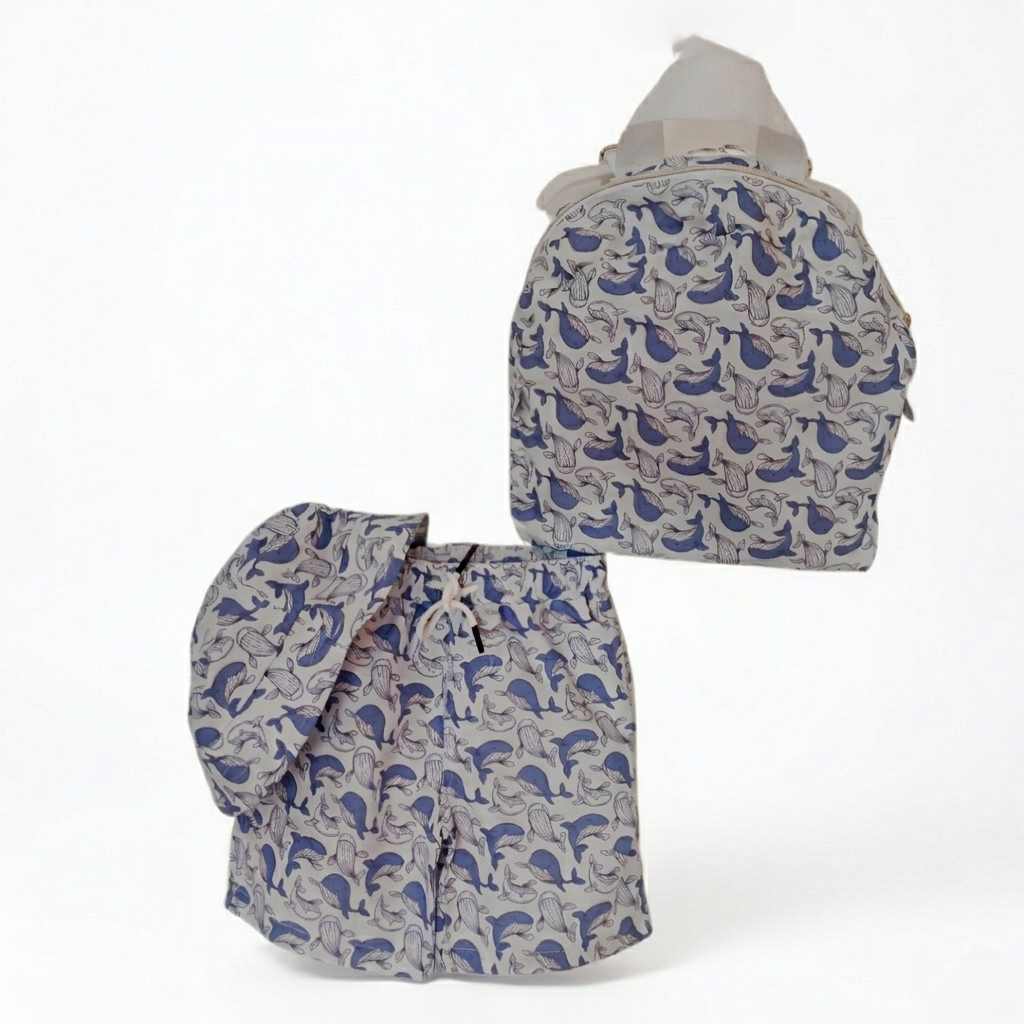 مايوه أولادي 3 قطع أزرق بنقشة حيتان – ملابس أطفال صيفية