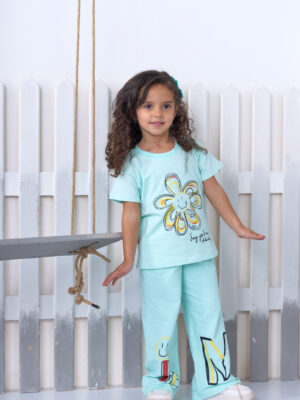 طقم بناتي صيفي مينت جرين قطن – ملابس أطفال خروج صيفي