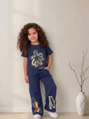 طقم بناتي صيفي كحلي قطن – ملابس أطفال خروج صيفي