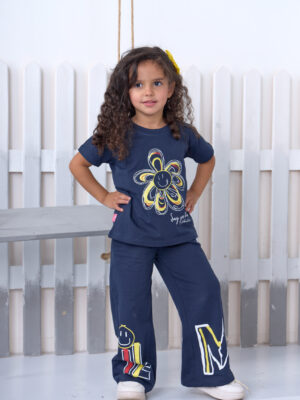 طقم بناتي صيفي كحلي قطن – ملابس أطفال خروج صيفي