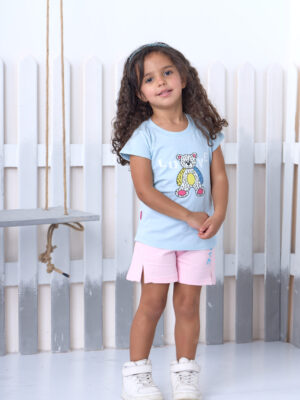 طقم بناتي صيفي شورت وتيشرت دبدوب – ملابس أطفال خروج صيفي
