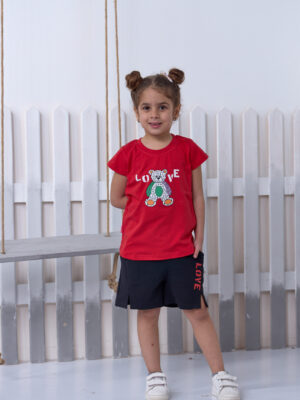 طقم بناتي صيفي أحمر وأسود – ملابس أطفال خروج صيفي