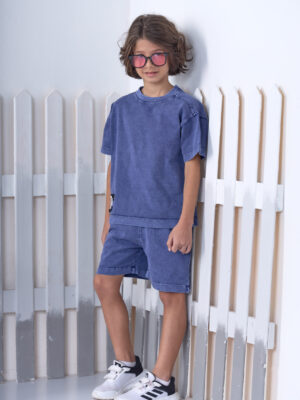 طقم أولادي صيفي أزرق أسيد واش – ملابس أطفال خروج صيفي