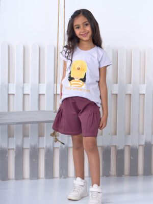 طقم بناتي صيفي شورت أرجواني وتيشرت – ملابس أطفال خروج صيفي