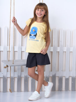 طقم بناتي صيفي أصفر وأسود – ملابس أطفال خروج صيفي