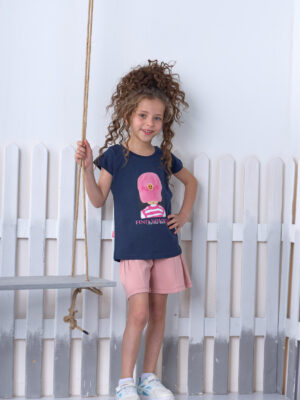 طقم بناتي صيفي كحلي ووردي – ملابس أطفال خروج صيفي