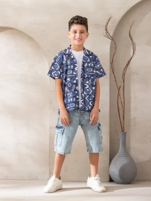 قميص أولادي مطبوع أزرق وأبيض – ملابس أطفال صيفي مراهقين