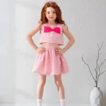 طقم كاروهات وردي بناتي قطعتين – ملابس أطفال صيفي أنيق