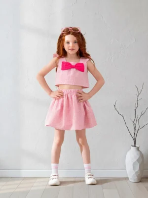 طقم كاروهات وردي بناتي قطعتين – ملابس أطفال صيفي أنيق