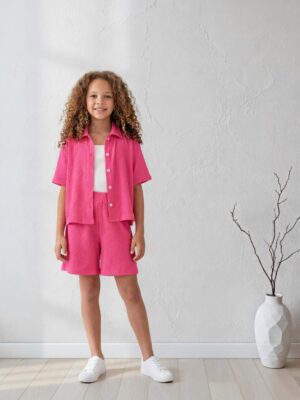 سوت بناتي فوشيا قطعتين – ملابس أطفال صيفية أنيقة