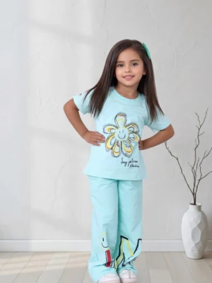 طقم بناتي صيفي مينت جرين قطن – ملابس أطفال خروج صيفي