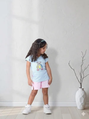 طقم بناتي صيفي شورت وتيشرت دبدوب – ملابس أطفال خروج صيفي