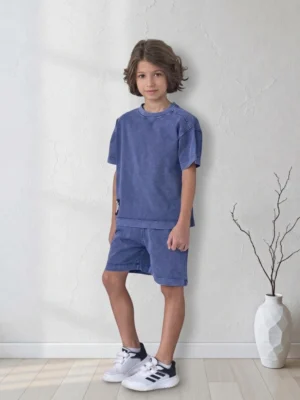 طقم أولادي صيفي أزرق أسيد واش – ملابس أطفال خروج صيفي