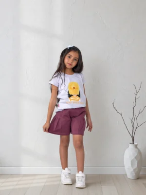 طقم بناتي صيفي شورت أرجواني وتيشرت – ملابس أطفال خروج صيفي